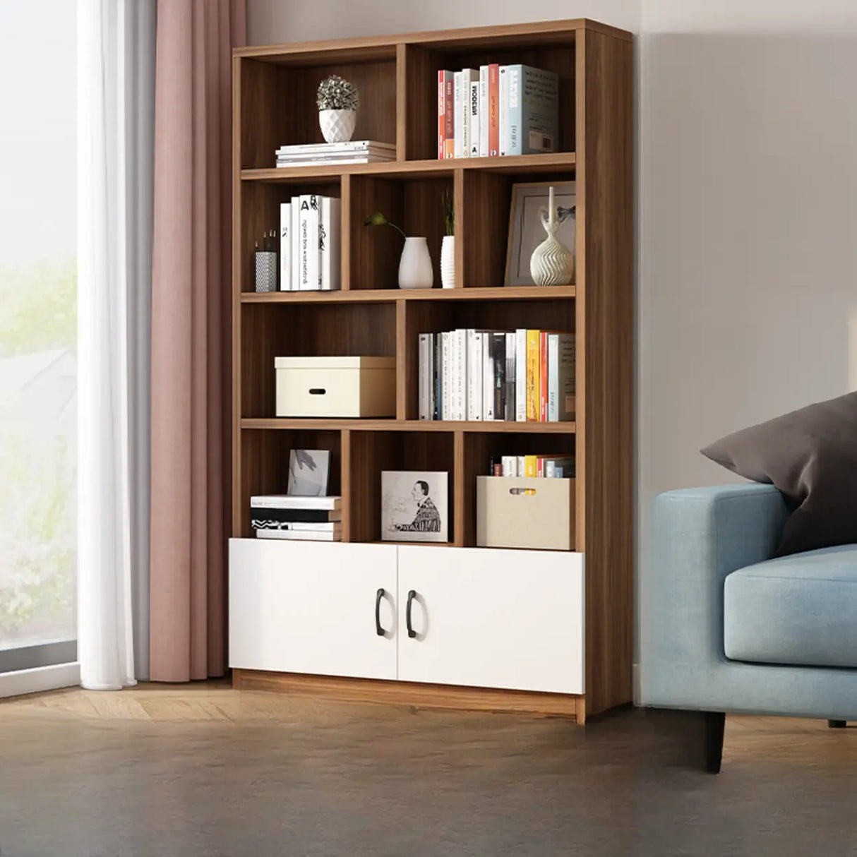 Modern Doors White Wood Vertical Storage Bookcase Image - 12
