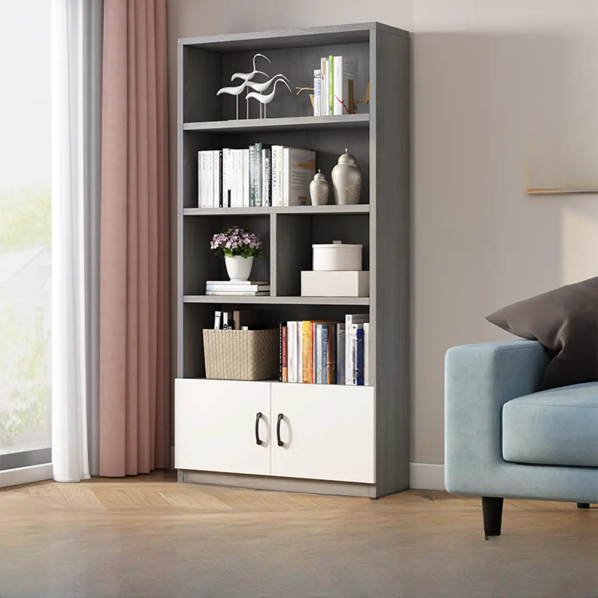 Modern Doors White Wood Vertical Storage Bookcase Image - 14