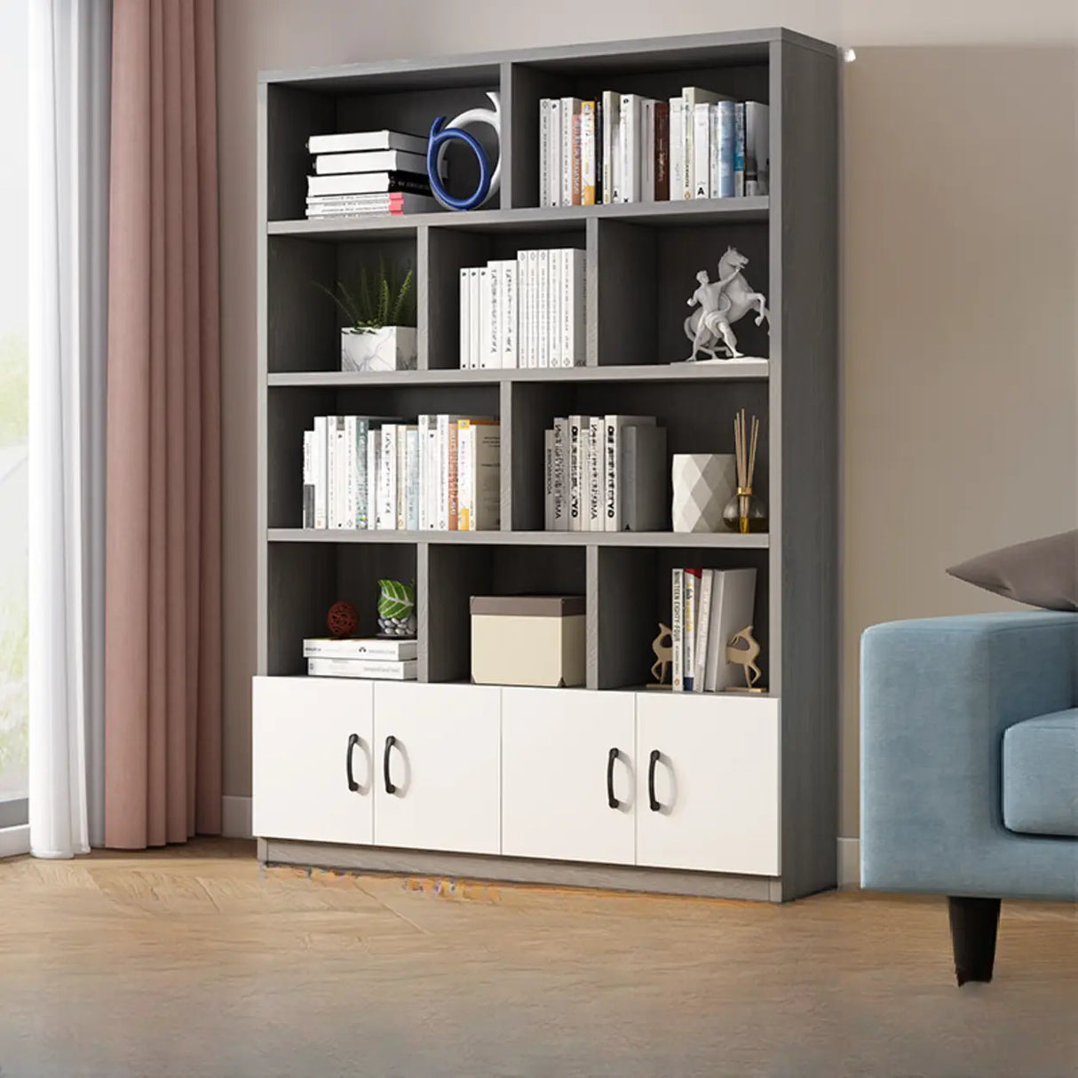 Modern Doors White Wood Vertical Storage Bookcase Image - 16