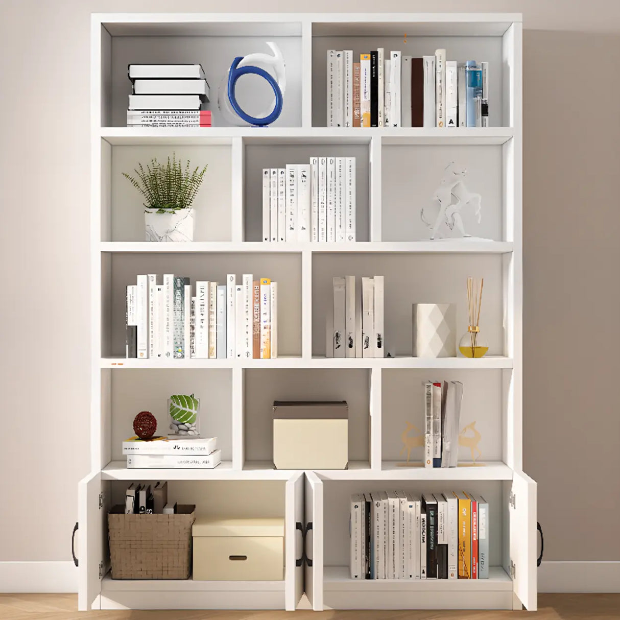Modern Doors White Wood Vertical Storage Bookcase Image - 17