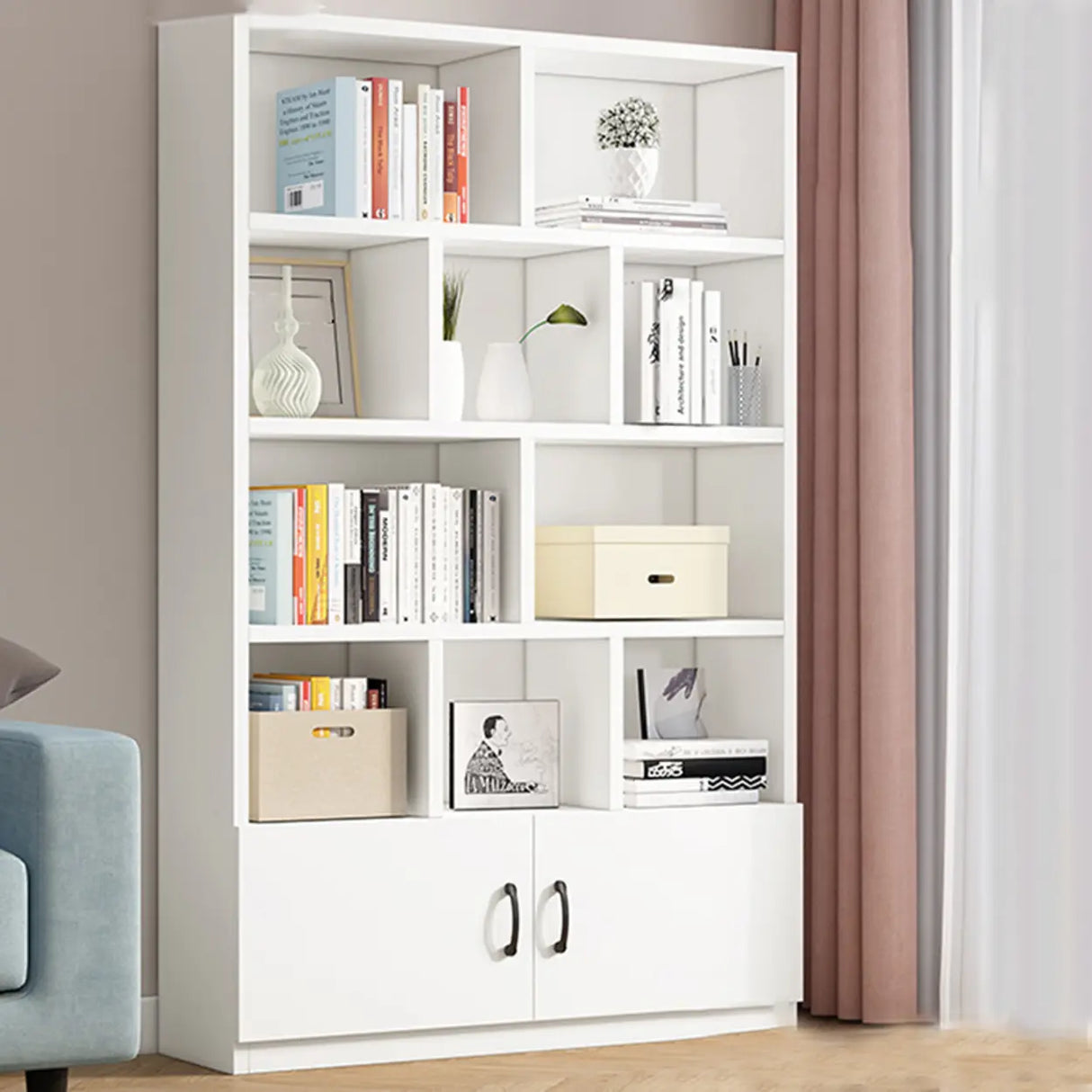 Modern Doors White Wood Vertical Storage Bookcase Image - 18