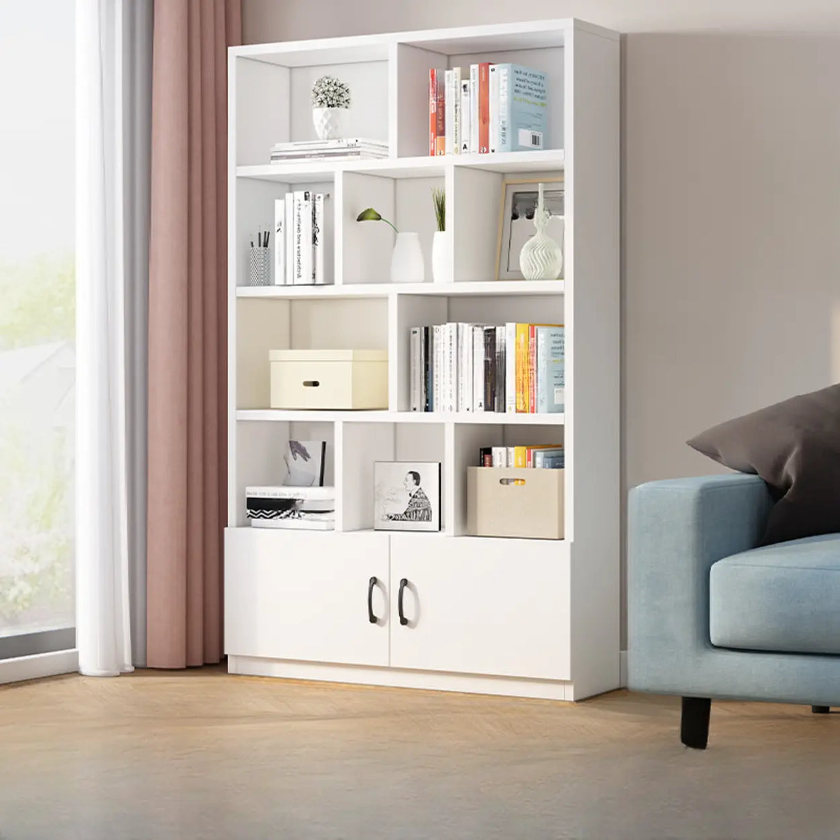 Modern Doors White Wood Vertical Storage Bookcase Image - 2