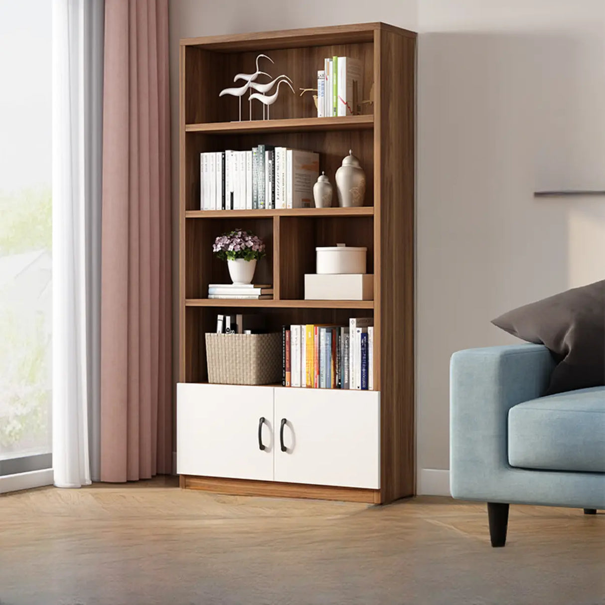 Modern Doors White Wood Vertical Storage Bookcase Image - 4