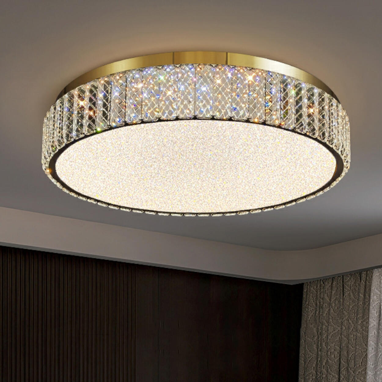Modern drum crystal LED flush mount ceiling light for living room