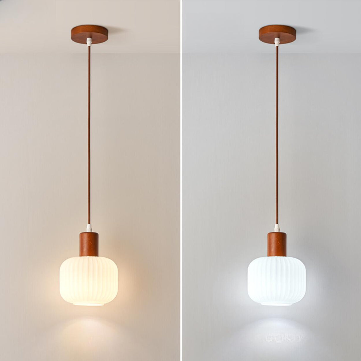 Modern Drum White Ribbed Glass Ceiling Pendant Light Image - 8