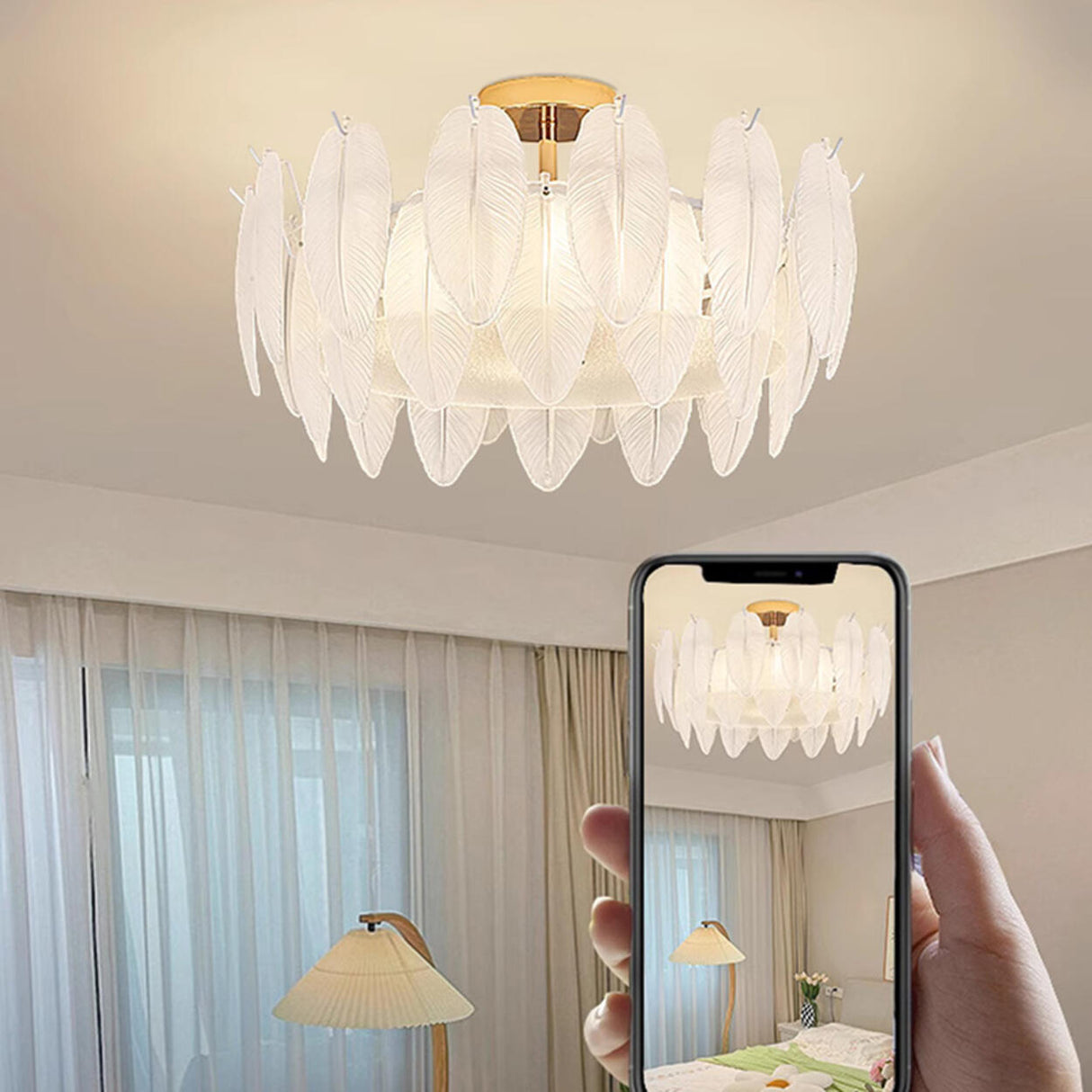 Modern Elegant Feather Semi-Flush Mount Ceiling Light Image - 13