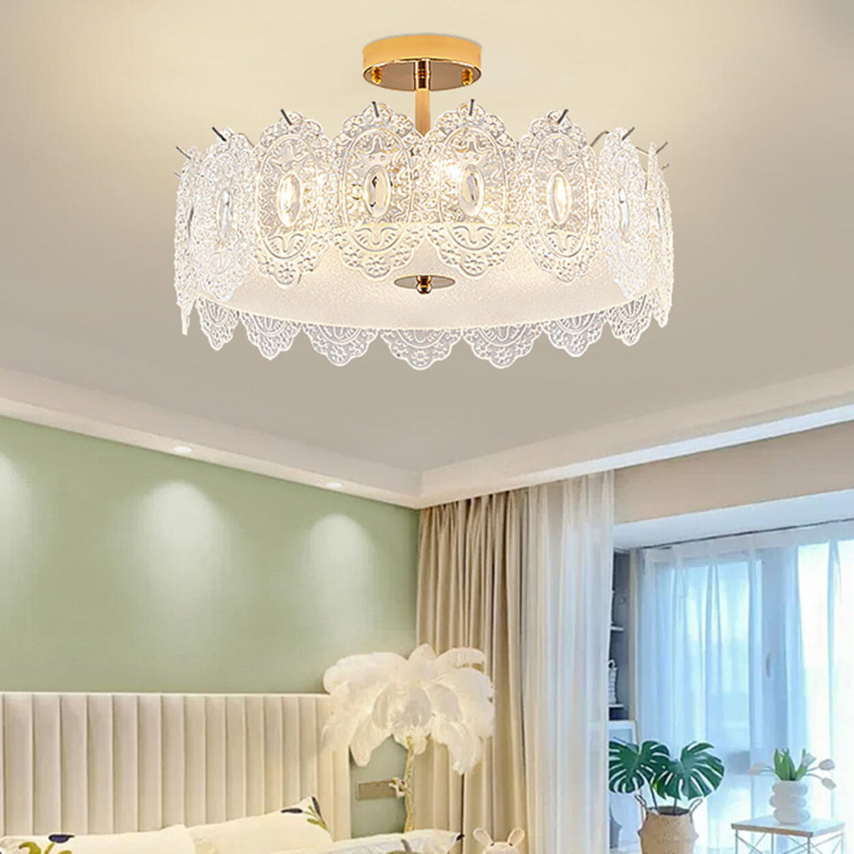 Modern Elegant Feather Semi-Flush Mount Ceiling Light Image - 14