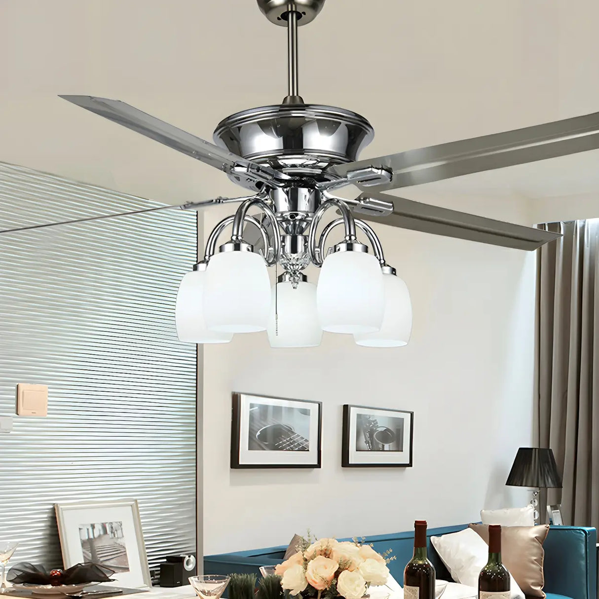 Modern Elegant Metal Flower Chandelier Fan with Light Image - 5