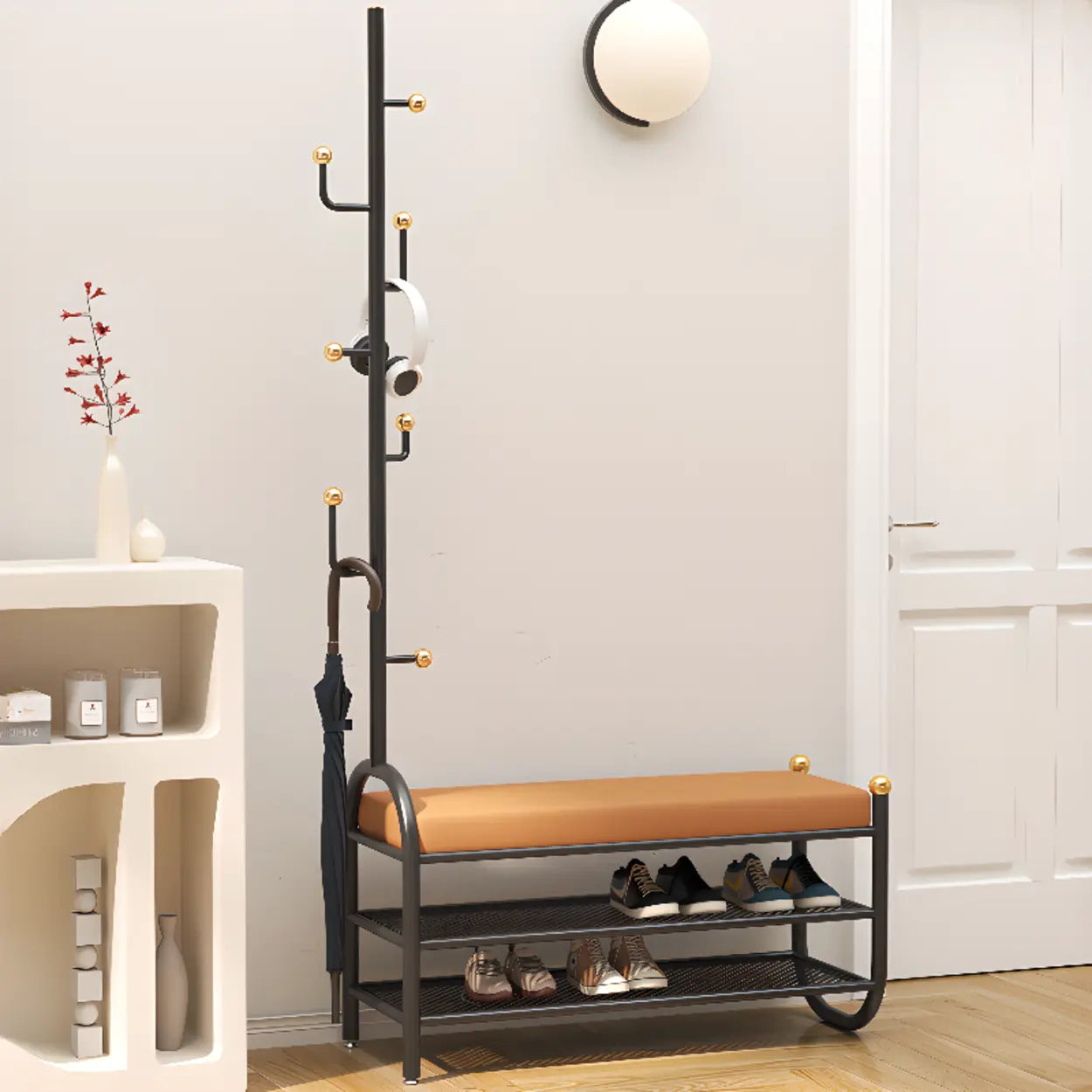 Modern Entryway Bench with Coat Rack and Shoe Storage Image - 1