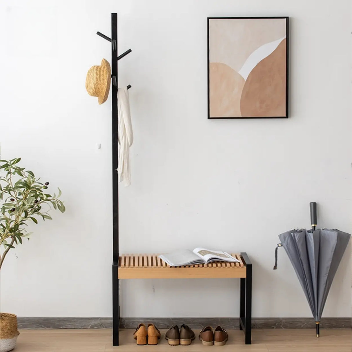 Modern Entryway Coat Rack Bench with Shoe Storage Seat Image - 4