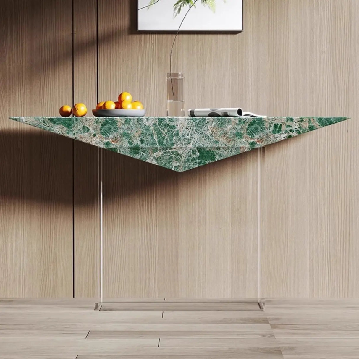 Modern Entryway Triangle Stone Clear Acrylic Base Console Table Image - 1