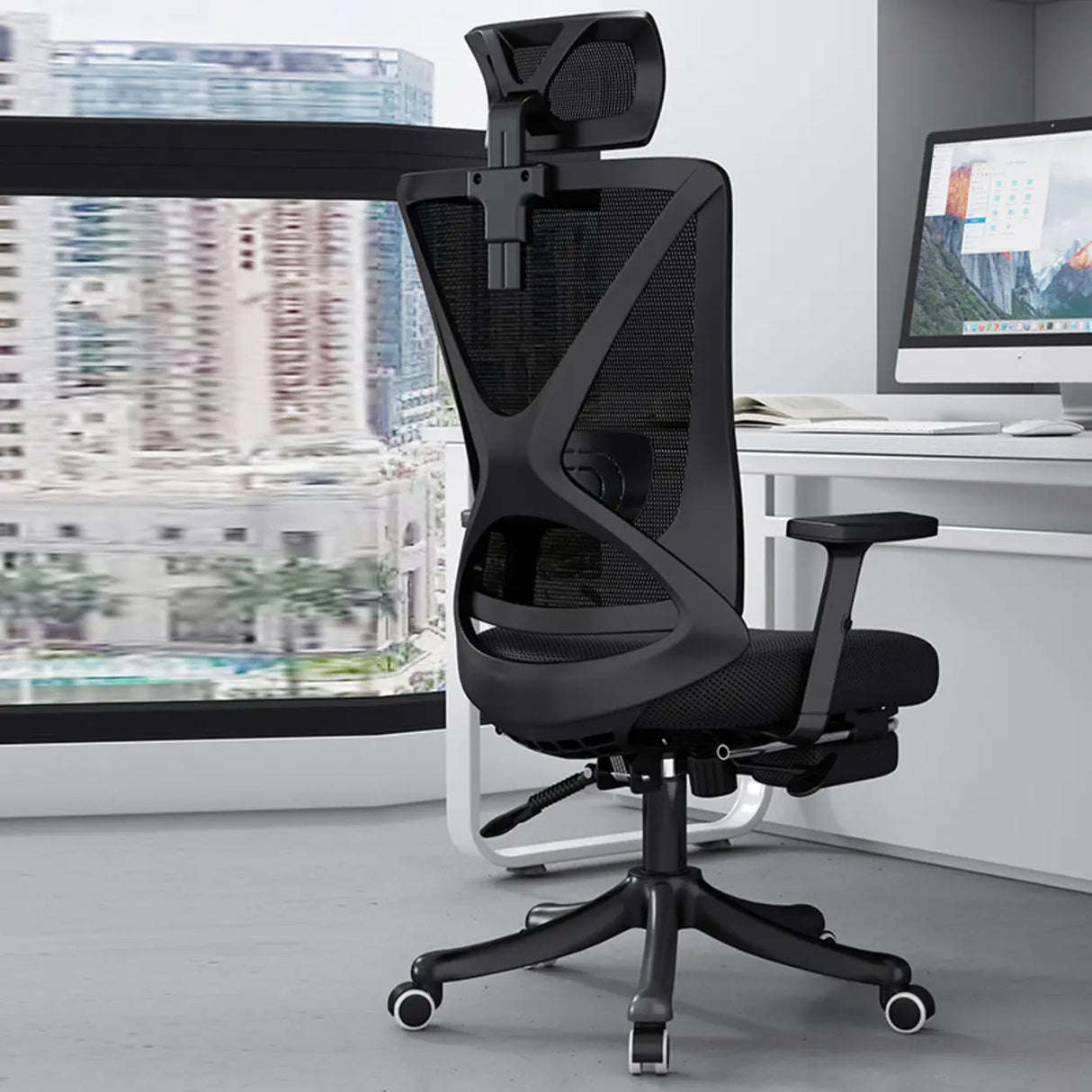 Modern Ergonomic Black Mesh Office Chair with Headrest Image - 1