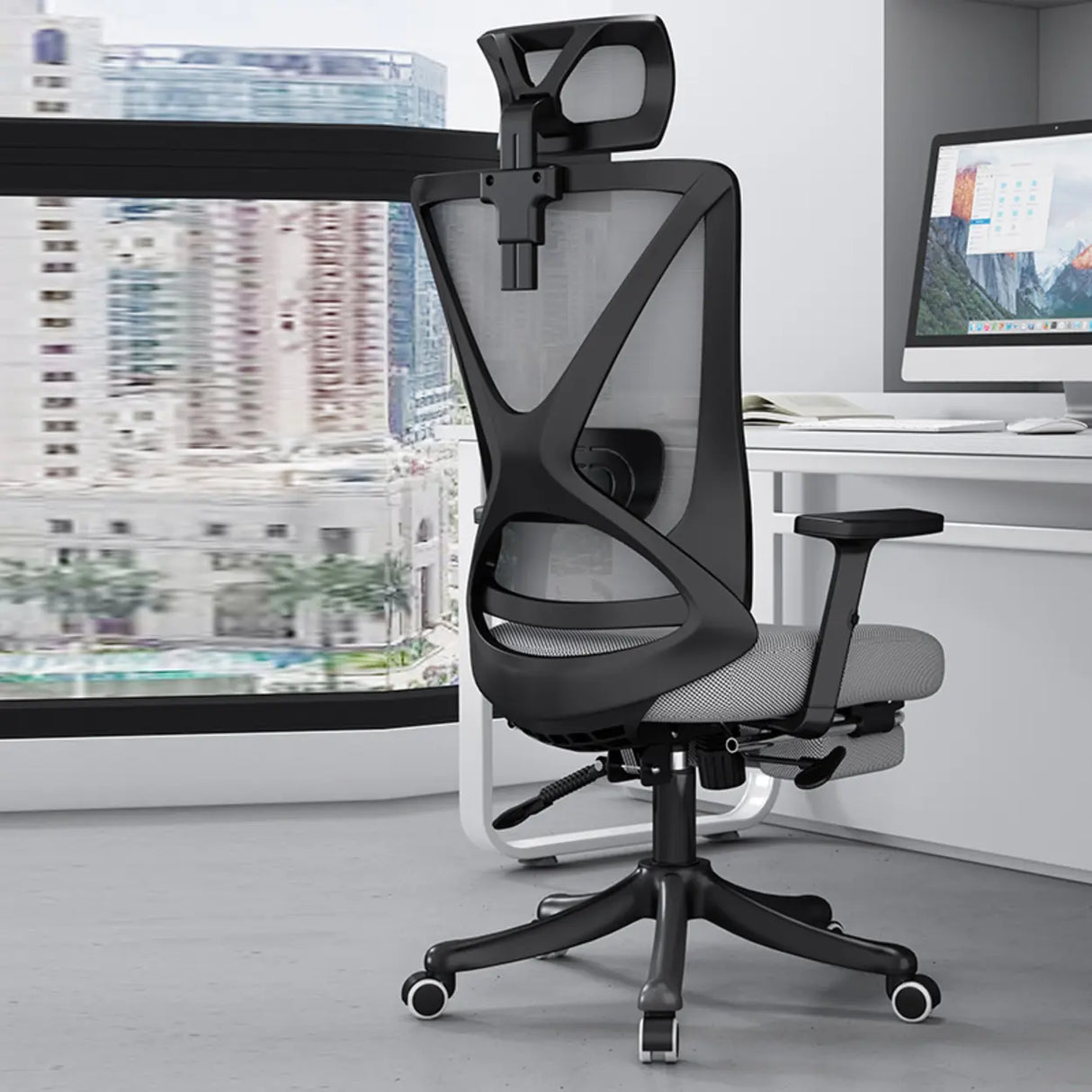 Modern Ergonomic Black Mesh Office Chair with Headrest Image - 3