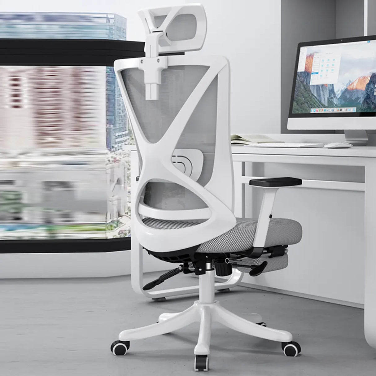 Modern Ergonomic Black Mesh Office Chair with Headrest Image - 7
