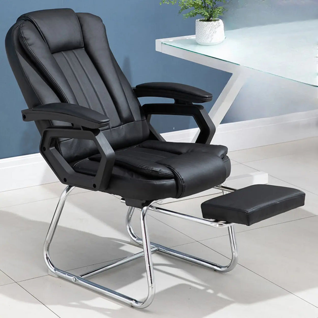 Modern Ergonomic Reclining Faux Leather Black Office Chair Image - 15