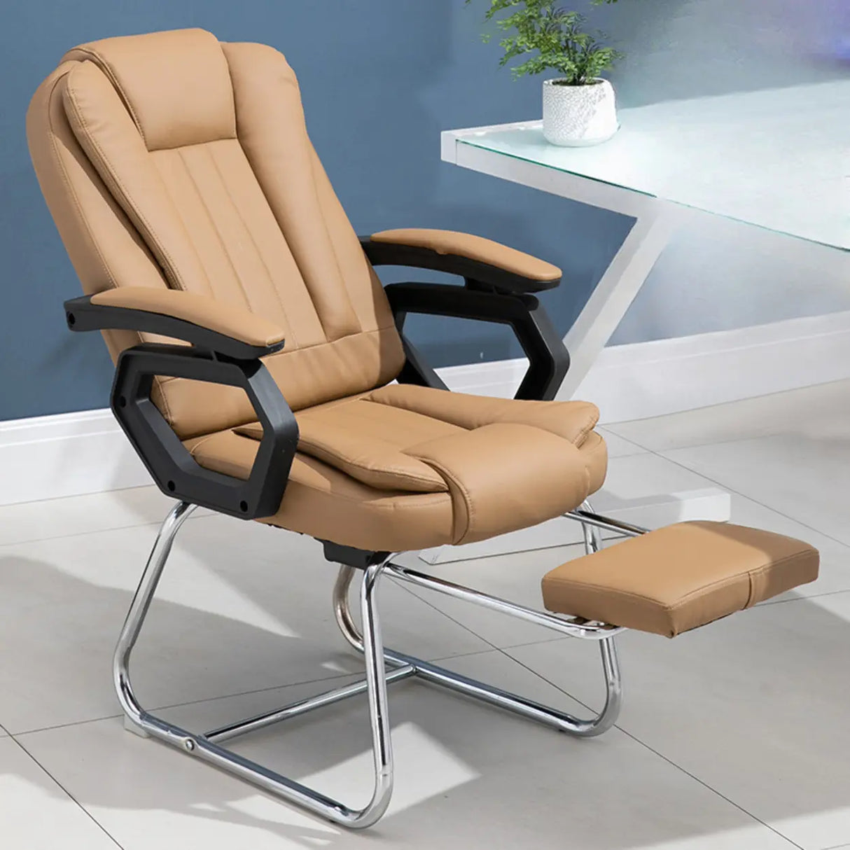 Modern Ergonomic Reclining Faux Leather Black Office Chair Image - 16