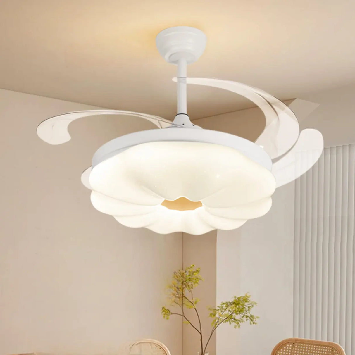 Modern Flower Shape LED Polymer White 4-Blade Retractable Ceiling Fan Light Image - 3