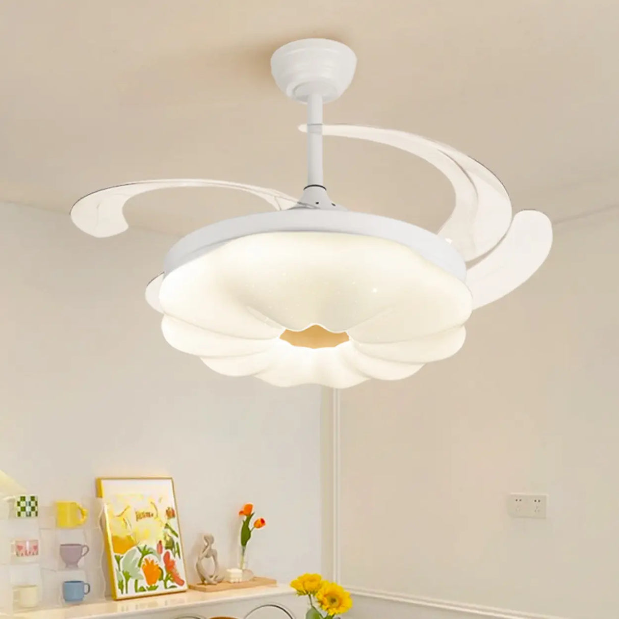 Modern Flower Shape LED Polymer White 4-Blade Retractable Ceiling Fan Light Image - 4