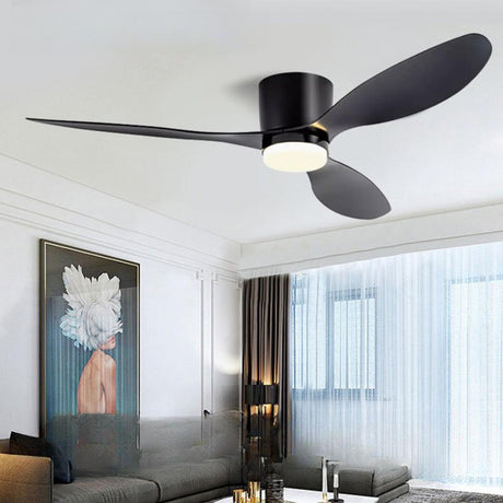 Modern Flush Mount  Wood Grain Blades Ceiling Fan Light Image - 2