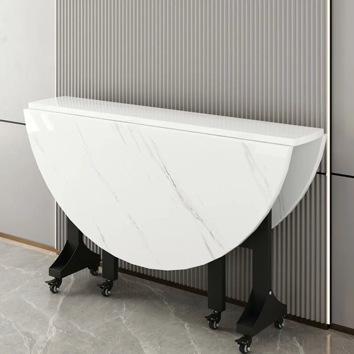 Modern Folding Oval Marble Top Dining Table White Image - 3