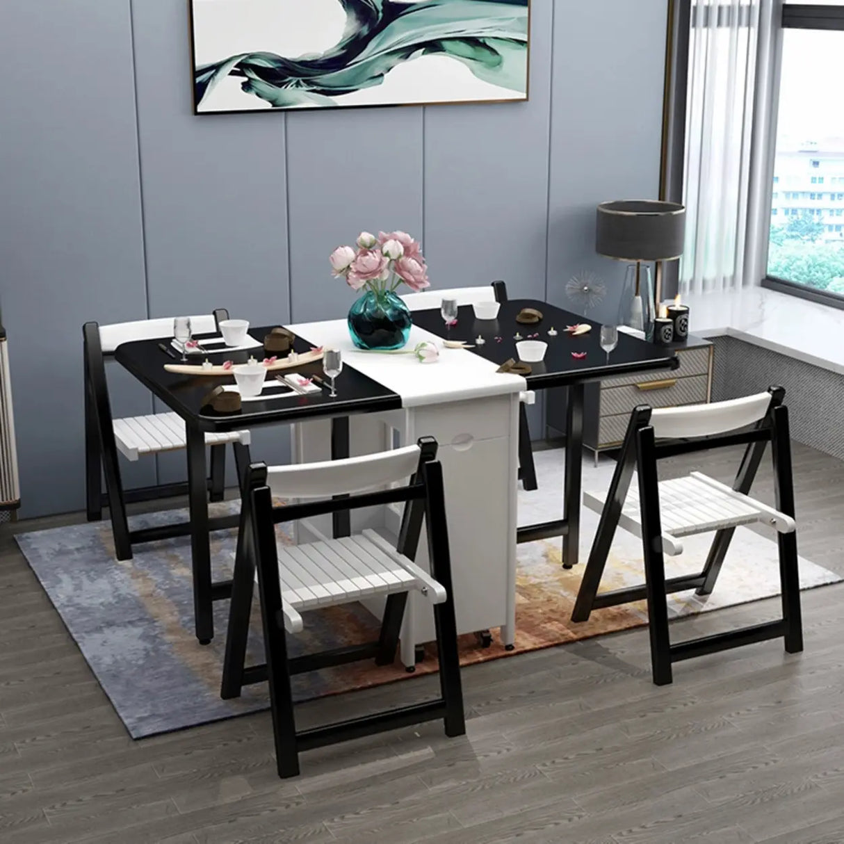 Modern Folding Storage Rectangle Rubberwood Dining Table Image - 6