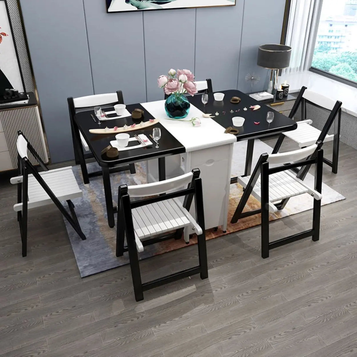 Modern Folding Storage Rectangle Rubberwood Dining Table Image - 8