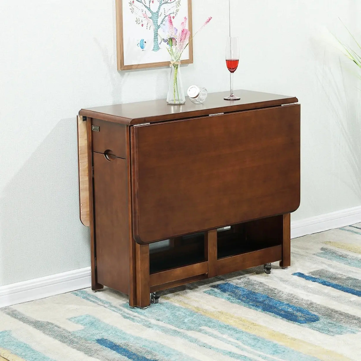 Modern Folding Storage Rectangle Rubberwood Dining Table Image - 9