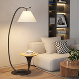 Modern Foot Switch Fabric Cone Arc Floor Lamp with Wood Table Image - 1