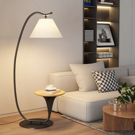 Modern Foot Switch Fabric Cone Arc Floor Lamp with Wood Table Image - 1