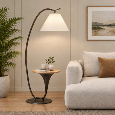 Modern Foot Switch Fabric Cone Arc Floor Lamp with Wood Table Image - 1