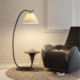 Modern Foot Switch Fabric Cone Arc Floor Lamp with Wood Table Image - 2