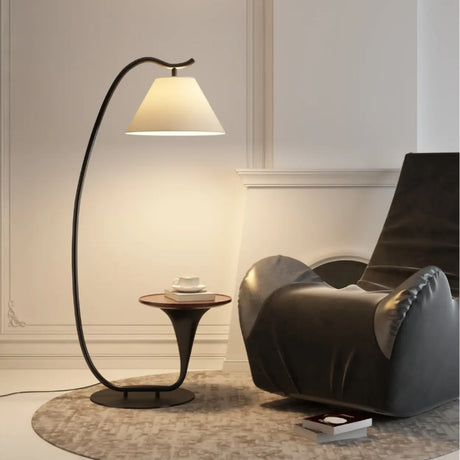 Modern Foot Switch Fabric Cone Arc Floor Lamp with Wood Table Image - 2