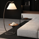 Modern Foot Switch Fabric Cone Arc Floor Lamp with Wood Table Image - 2