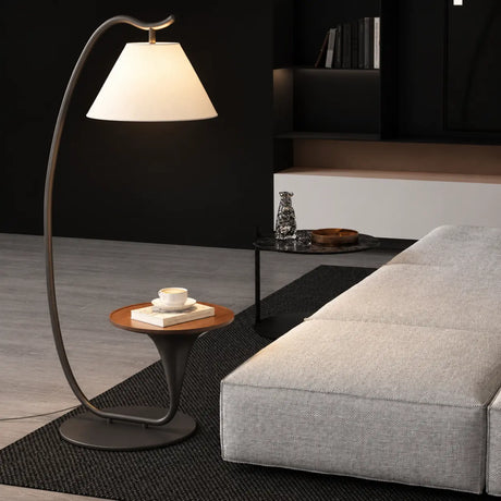 Modern Foot Switch Fabric Cone Arc Floor Lamp with Wood Table Image - 2