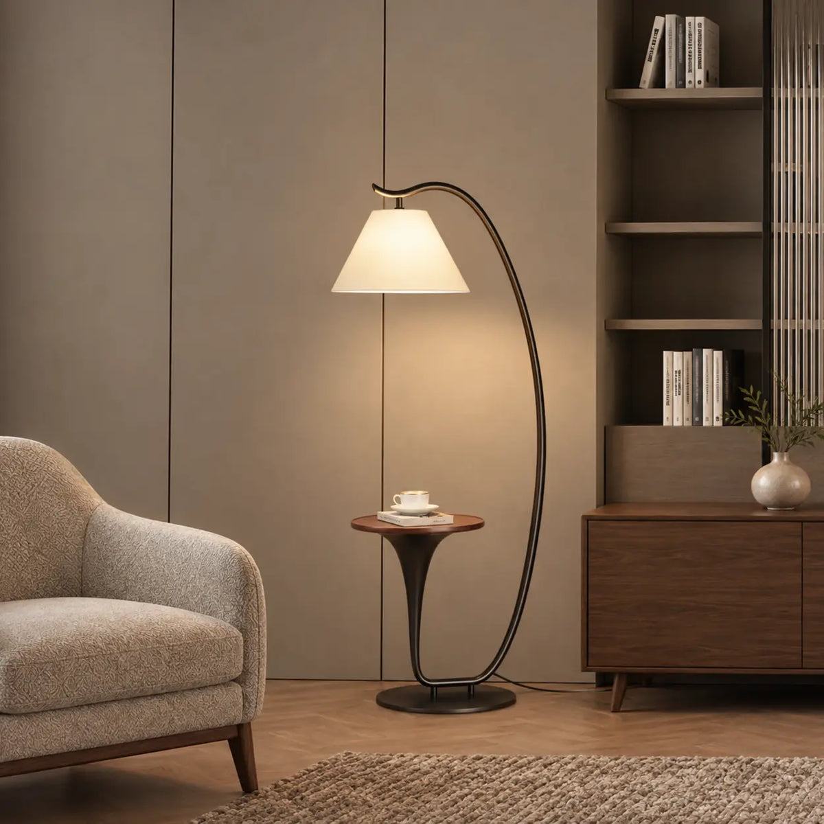 Modern Foot Switch Fabric Cone Arc Floor Lamp with Wood Table Image - 3