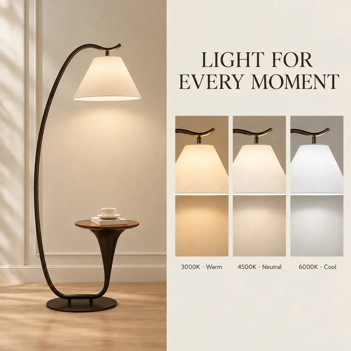 Modern Foot Switch Fabric Cone Arc Floor Lamp with Wood Table Image - 4