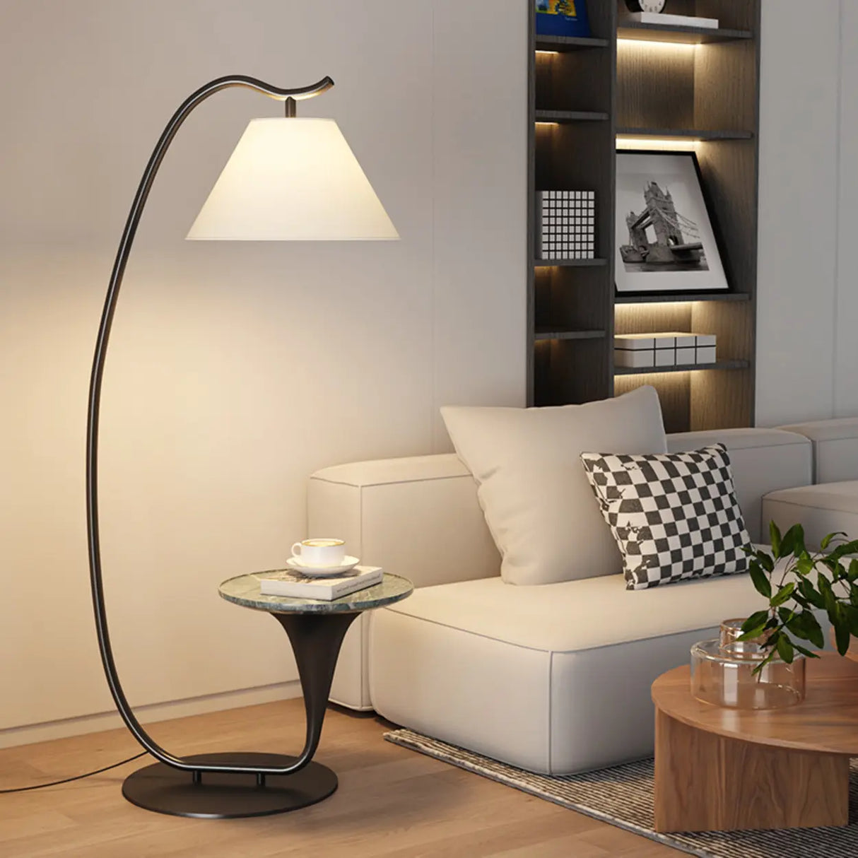 Modern Foot Switch Fabric Cone Arc Floor Lamp with Wood Table Image - 8