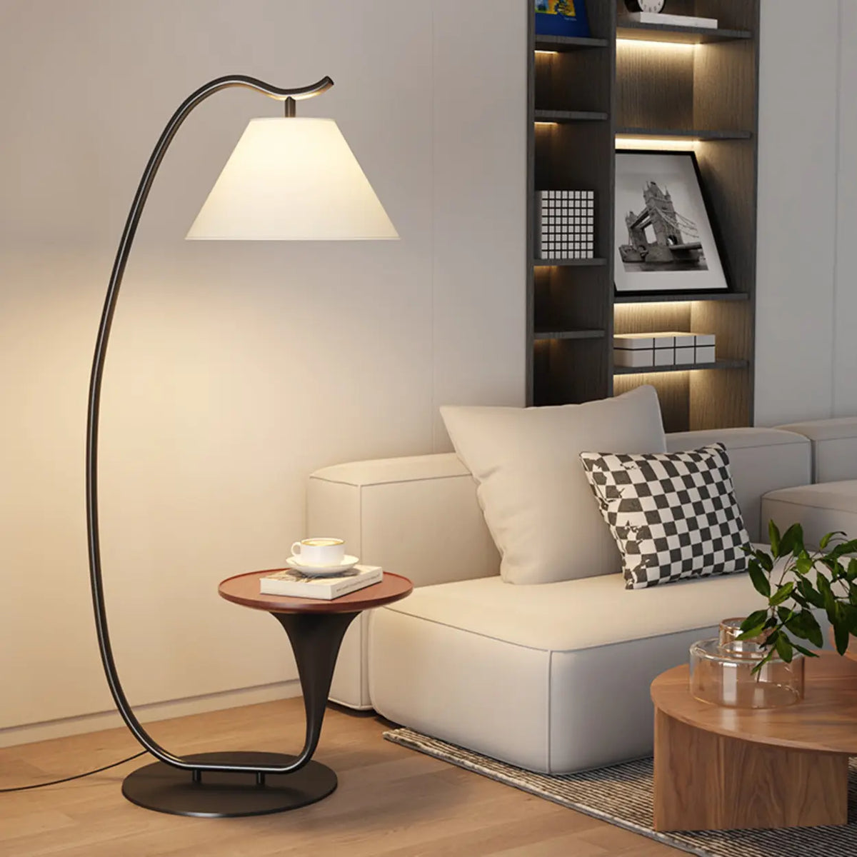 Modern Foot Switch Fabric Cone Arc Floor Lamp with Wood Table Image - 9