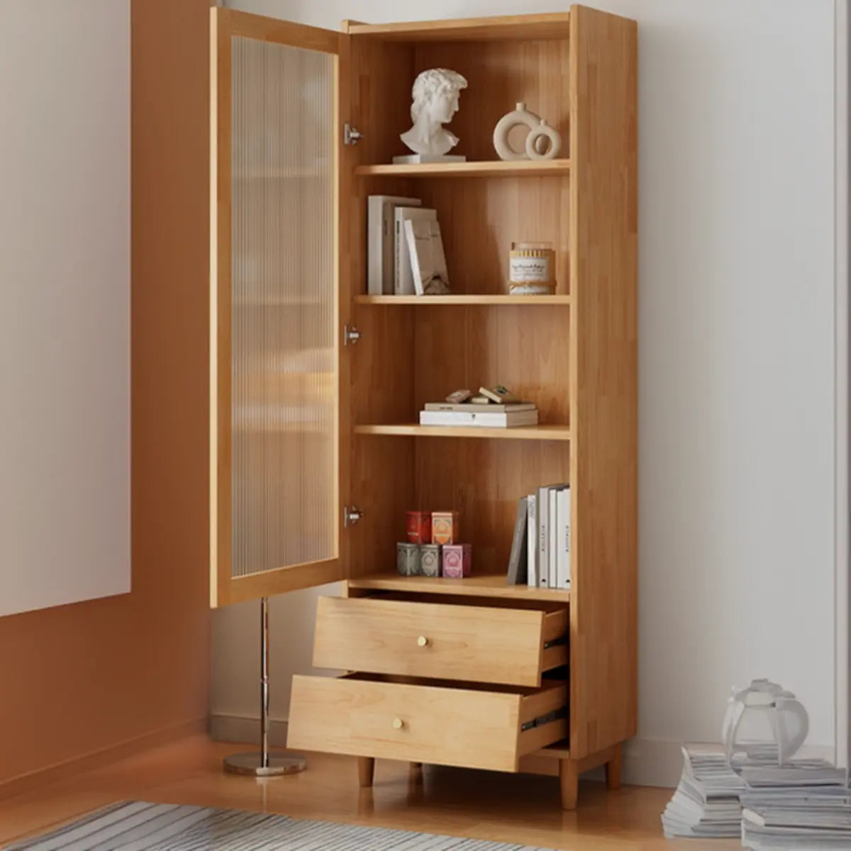 Modern French White Cabinet Tall Glass Doors Bookcase Image - 2