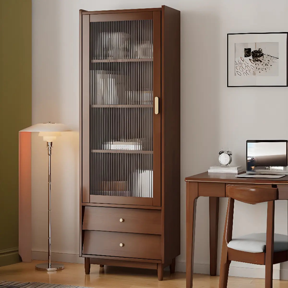 Modern French White Cabinet Tall Glass Doors Bookcase Image - 3
