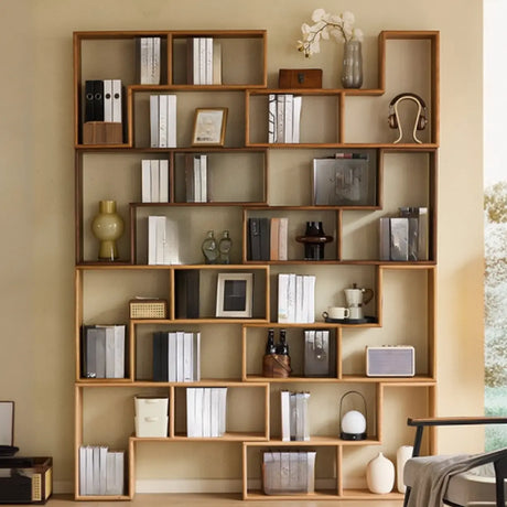 Modern Geometric Natural Wood Frame Open Back Bookcase Image - 1