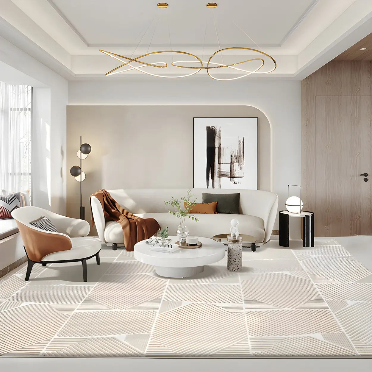 Modern Geometric Pattern Beige Polyester Area Rug Image - 4