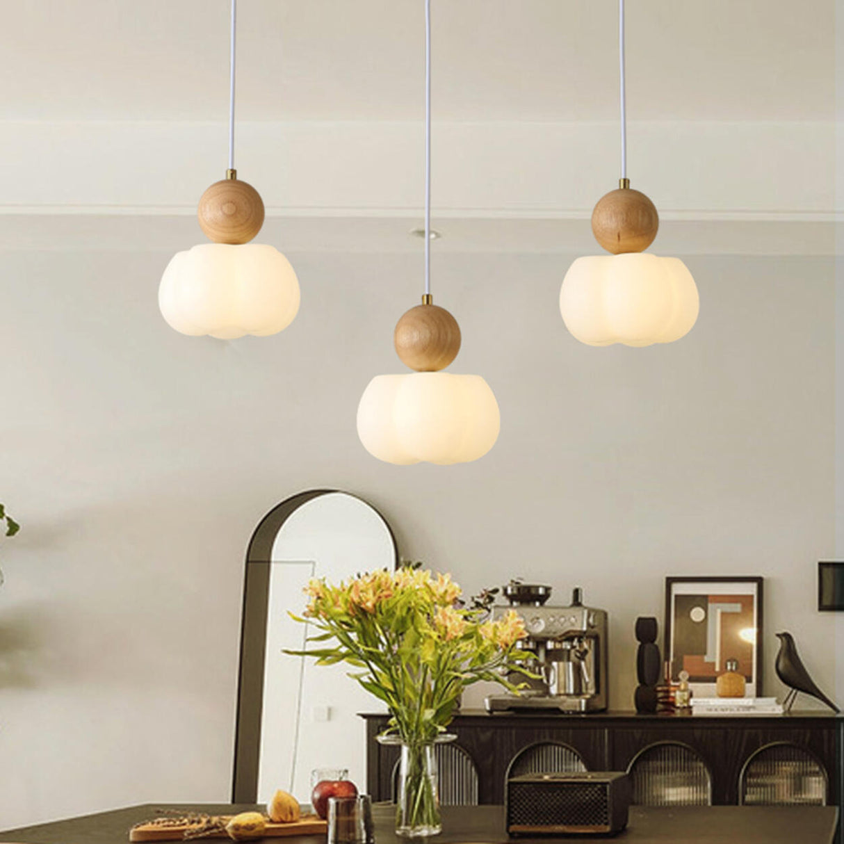 Modern Geometric Wood Dining Room Pendant Light Image - 8