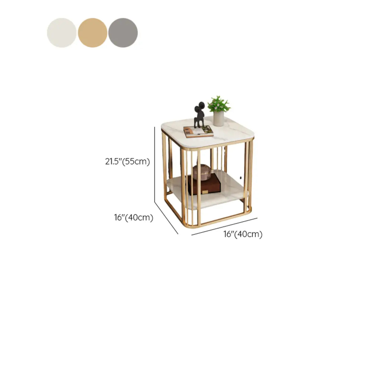 Modern Glam Marble Square Metal Side Table with Shelf 