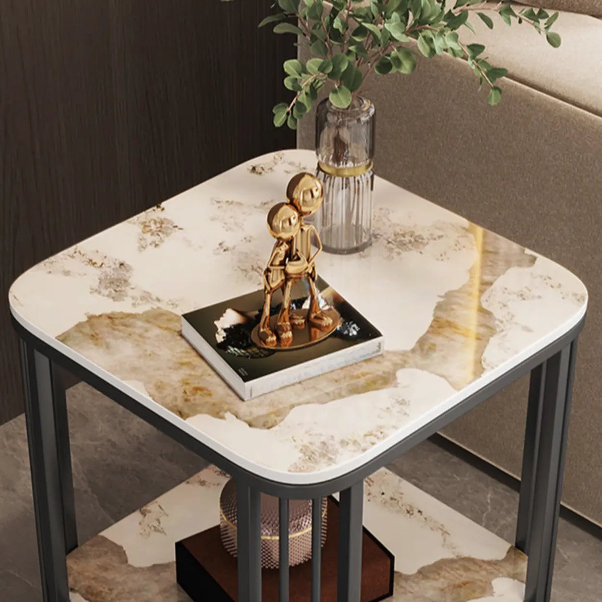 Modern Glam Marble Square Metal Side Table with Shelf Image - 5