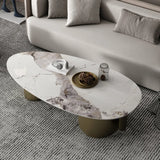 Modern Glam Oval Stone Coffee Table with Gold Base Image - 1