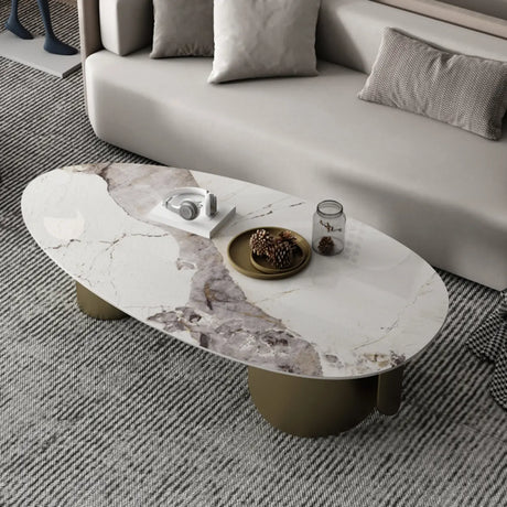 Modern Glam Oval Stone Coffee Table with Gold Base Image - 1
