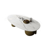 Modern Glam Oval Stone Coffee Table with Gold Base Image - 2