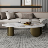 Modern Glam Oval Stone Coffee Table with Gold Base Image - 4