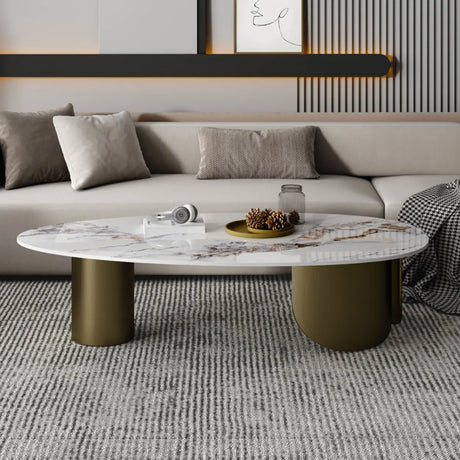 Modern Glam Oval Stone Coffee Table with Gold Base Image - 4